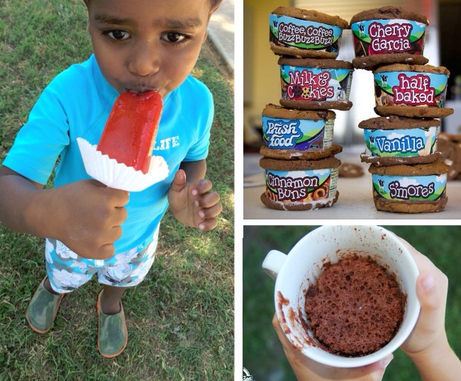 Put a cupcake liner on a Popsicle stick to prevent dripping

Use ice cream labels when making ice cream sandwiches

Mug cakes