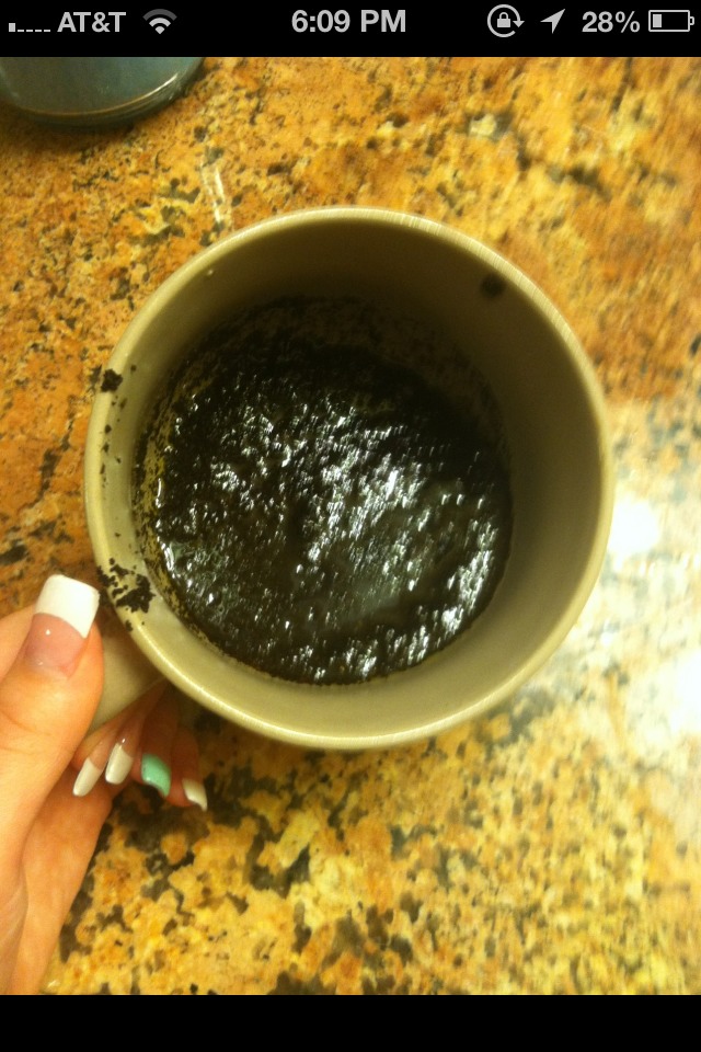 Get a cup and put used or new coffee grounds. Mix it with olive oil, or corn oil. I used olive oil