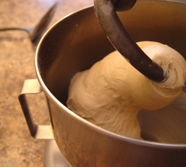 5. You have enough flour when the dough scrapes the side of the bowl clean. Mix on medium speed for 5 minutes. 