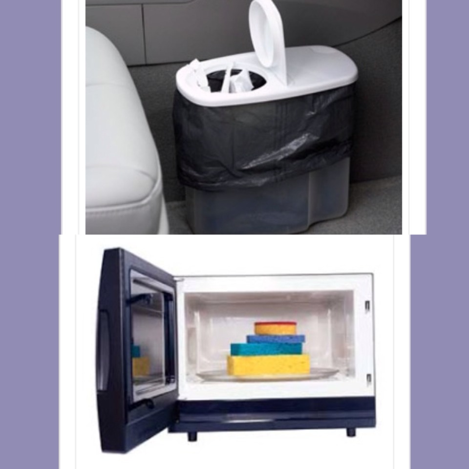 5. Use an old cereal container for a trash bin in the car 
5. Deodorize sponges by soaking them in lemon water- turn the microwave on full power for one minute