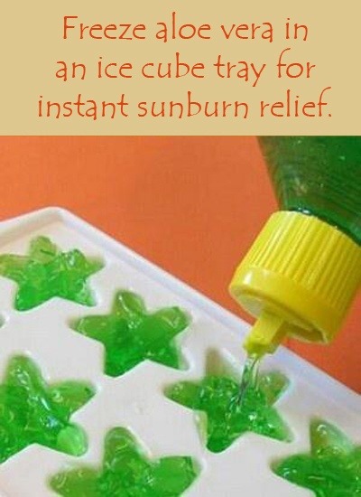 Frozen Aloe Vera for Sunburn Relief. Great Idea! Pop those frozen Aloe Vera Cubes in a Ziplock bag and throw it in the ice chest for those summer boating, beach, lake, camping, fun trips 
