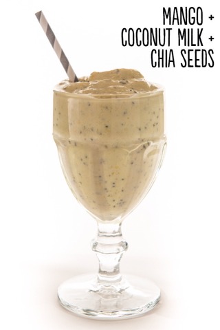 How to: Place 8 pieces frozen mango (about ¾ cup) and ½ cup So Delicious coconut milk into a blender. Blend until smooth. Then add 1 tablespoon chia seeds and pulse just a few times to combine. Serves 1.

Extras: You can add ground nutmeg, protein powder, or 2 tablespoons shredded 