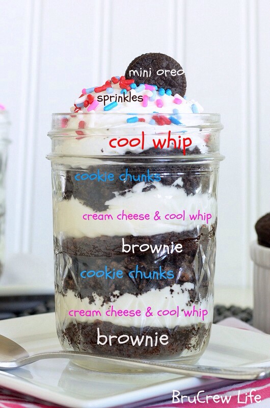 Divide the cookie crumbs evenly into two bowls.Start layering your dessert by placing one brownie round in 12 jars. Use one bowl of cream cheese mixture and divide it evenly in the jars. Using one bowl of cookie crumbs, divide that evenly on top of the cream cheese. Repeat the layers again. 