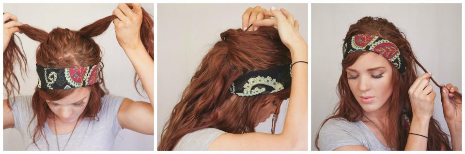 Steps 7-9: (7) ...tie it in a half knot. (8) Securing the knot in place with several bobby pins. Begin creating your faux dreadlocks by (9) sectioning off 1-2 inch clumps of hair and twisting them from top to bottom. 