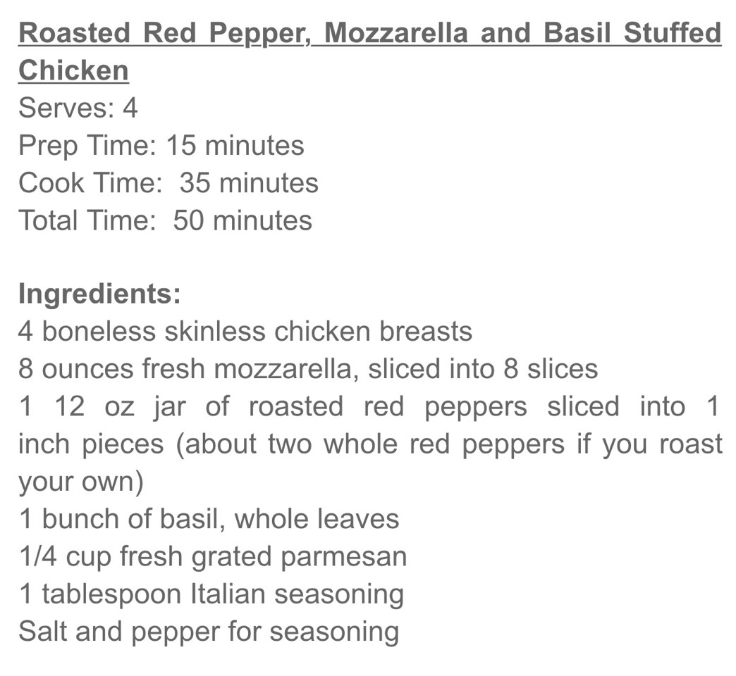 Roasted Red Pepper, Mozzarella Basil Stuffed Chicken