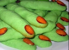 These fingers are just cookies with green food coloring added to them. And the nail is a almond