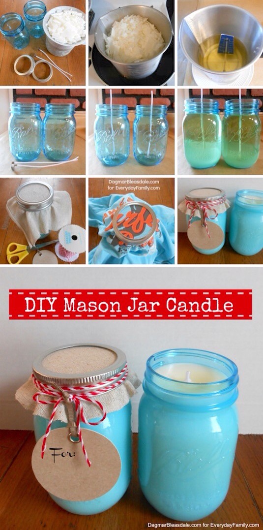 17. DIY Mason Jar Candles
If you like melting stuff, this project is for you! I pretty much dig anything that has to do with mason jars, and I’ve always got a candle burning (I think I might keep Bath & Body Works in business these days).