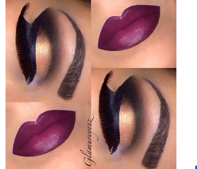14. Gold cut crease, dramatic lashes, wild berry lip. 