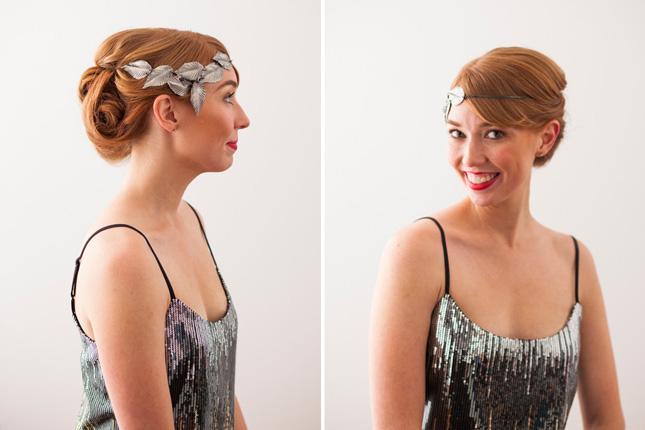 9. Classic Updo With Silver Leaves: Pin curls set the base for this vintage-inspired updo. The look is really lovely on its own, or take our lead and finish with a metallic headband. (via Brit + Co.) 