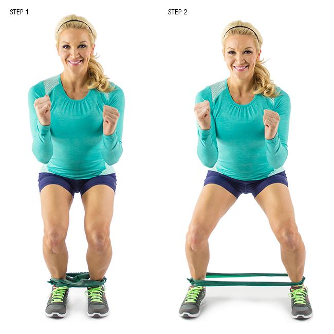 Squat Step with Resistance Band: Tone your quads and glutes with this killer move. Do it quickly in a controlled motion back and forth as many times as possible in 60 seconds.