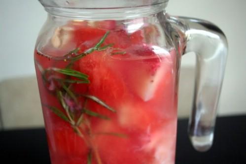 Ingredients: 
a cup of strawberries
2 cups of cubed watermelon
a couple of sprigs of fresh rosemary
and a dash of salt
and of course water