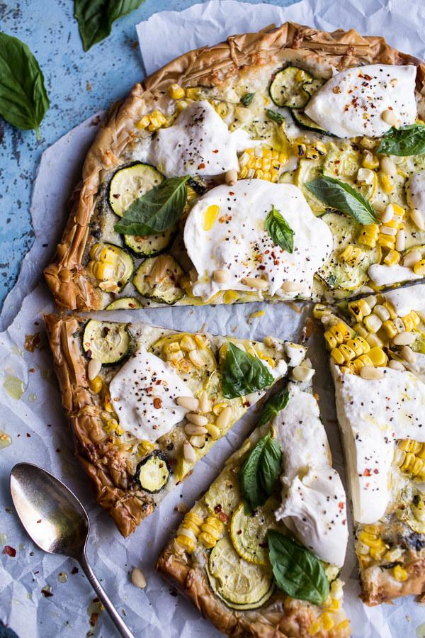 3. Zucchini and Roasted Sweet Corn Provolone Phyllo Pizza with Truffle Oil 