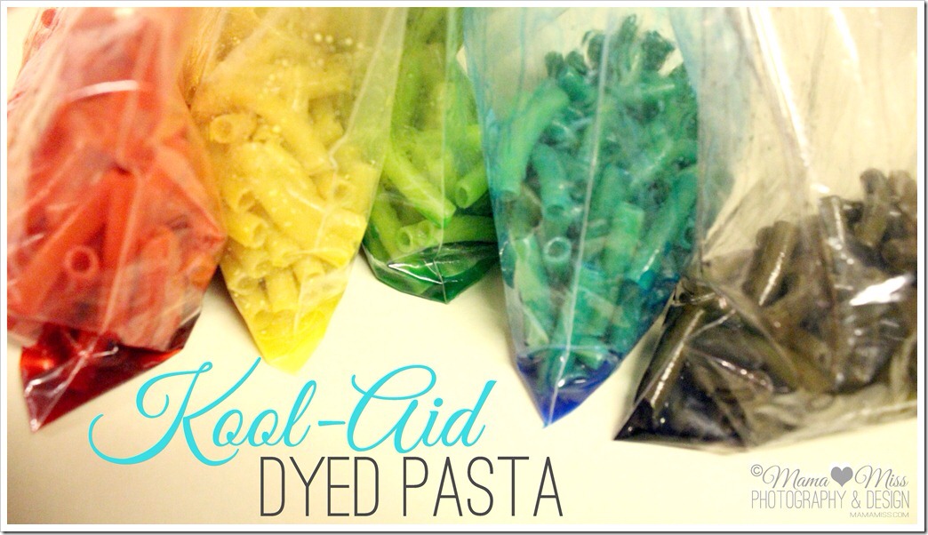 Kool aid dyed pasta: great for crafts. Mix a packet of kool aid with hot water and 2 cups of dry noodles. Mix until kool aid is dissolved and add food colouring if you wish for extra vibrancy. Put into plastic bags and shake until noodles are completely dyed. Remove and leave out for 6 hours to dry.