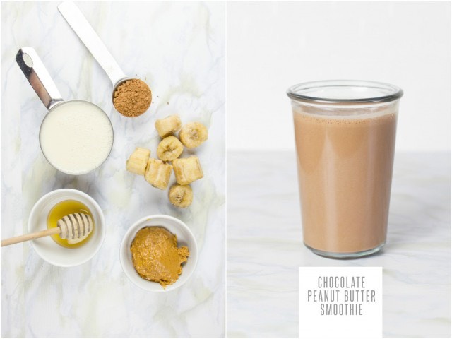 To make it, blend together:
	•	1 frozen banana
	•	1 cup unsweetened milk (nut, soy, animal)
	•	1 tablespoon natural peanut butter
	•	1–3 teaspoons unsweetened cocoa powder
	•	Honey or maple syrup, to taste