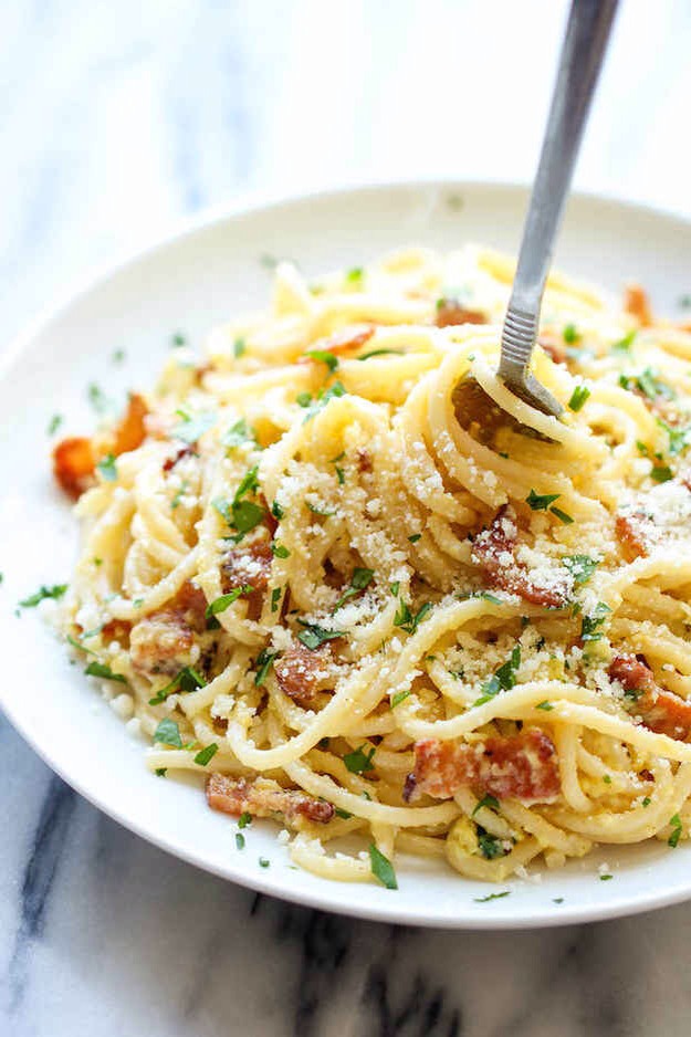 1. Spaghetti Carbonara
Spaghetti + egg + cheese + garlic + bacon. (Optional: parsley to garnish.) Get the recipe.

damndelicious.net