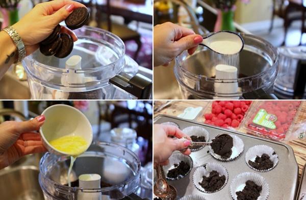 Mix all ingredients until they resemble wet sand. Press 1 Tbsp of the cookie crust into each cupcake liner. Press the crust down with your fingers. Cover the entire pan and place in the refrigerator to harden. 