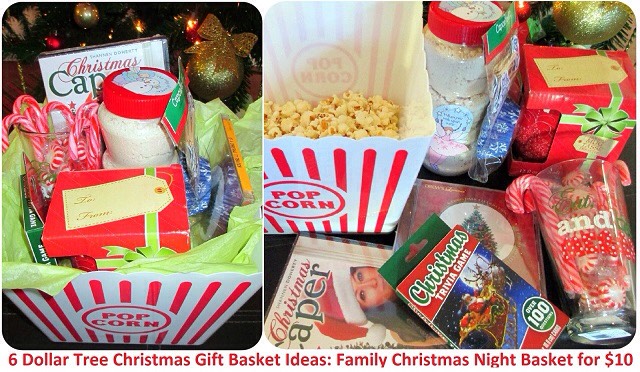 Inside: 
*pop corn *pop corn bucket *cupcake mix *cupcake kit *hot chocolate mug *Eat, Drink and Be Merry glass *candies *Christmas movie DVD *CD with Christmas carols *Christmas trivia game
----------------------
Total cost: $10