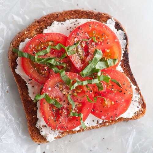 Snack! Or sandwich 
Wheat bread 
Cream cheese 
Tomatoes 
Lettuce seasoning