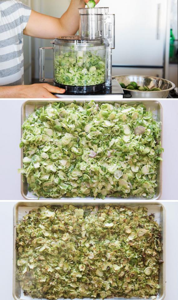 8.Thinly slice your Brussels sprouts, then roast them in a big ol’ heap — they’ll get soft and caramelized without much oil.