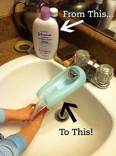 32. Turn an old lotion bottle into a faucet extender so the little ones can reach.