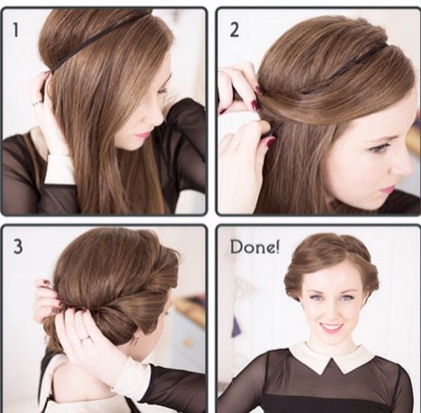 I do this all the time for school! Take a headband and place it on your head and then wrap your hair into it each side until the nape (and because of my long hair I pin the middle)