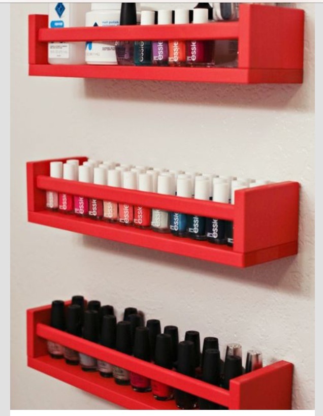 Nail polish storage. 

Easy DIY using a spice rack 