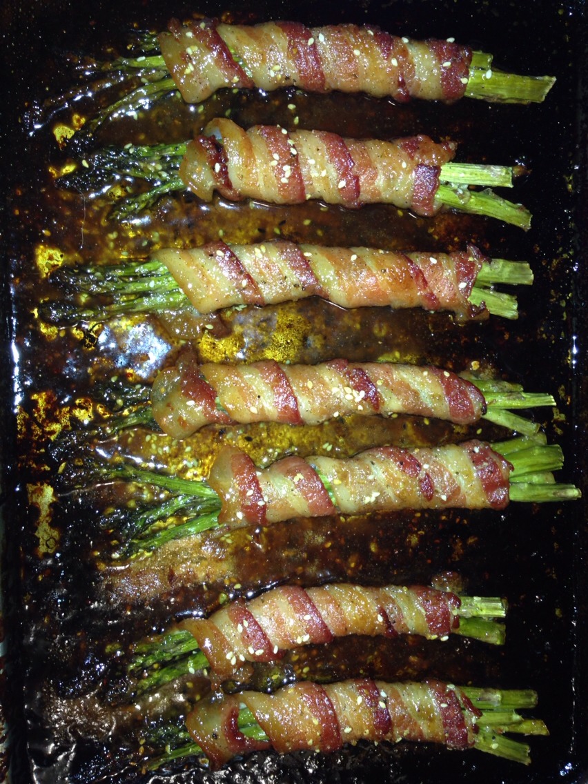 Avoid getting too much glaze on the tips of asparagus. If there's too much glaze on the tips, they will stick. The recipe called for grilling, but you can also bake in the oven at 400 degrees until done to your liking. I left mine for about 15-20 minutes.