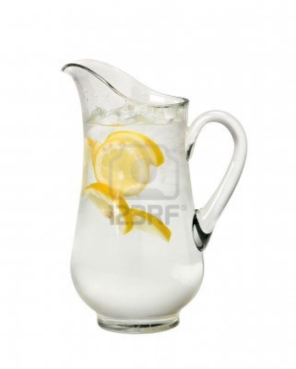 Step 3:
Add 8 cups of water to the pitcher, and ice cubes if you plan on serving immediately. 
Then you can add your lemons or other ingredients. 