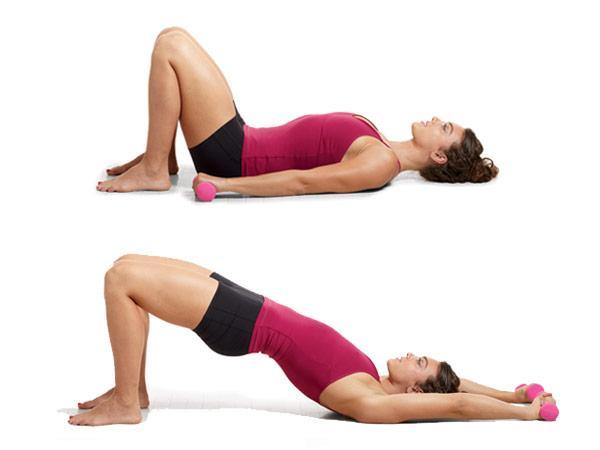 Bridge (Pelvic Raises): When you think “core” don’t just think abs; your lower back takes on a lot of stress to work your body out. Use this move to strengthen it. Lying on your back, with your knees bent, tighten that core and lift your bum up towards the ceiling.20 reps.