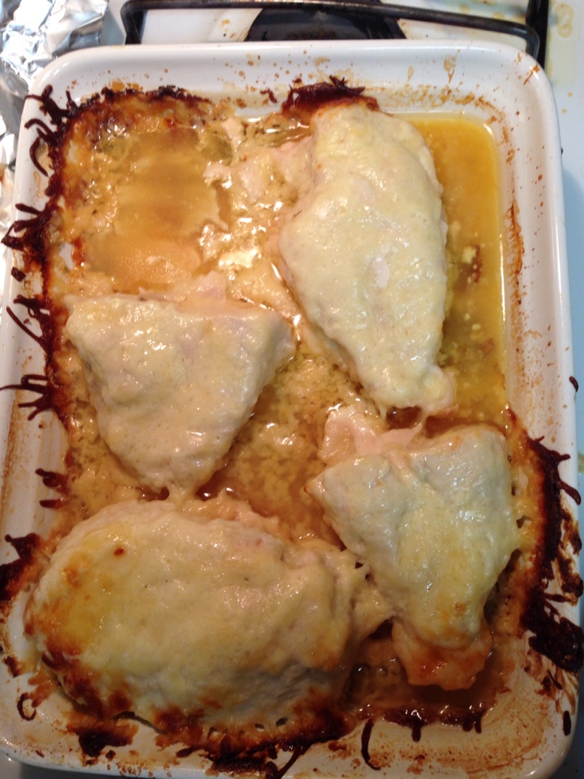 Bake in the oven at 375 degrees Fahrenheit for 30-40 minutes, checking occasionally. If your chicken is not fully cooked but the cheese is starting to get golden, place a sheet of aluminum foil over the pan. This will stop the cheese from getting too brown while still allowing the chicken to cook!