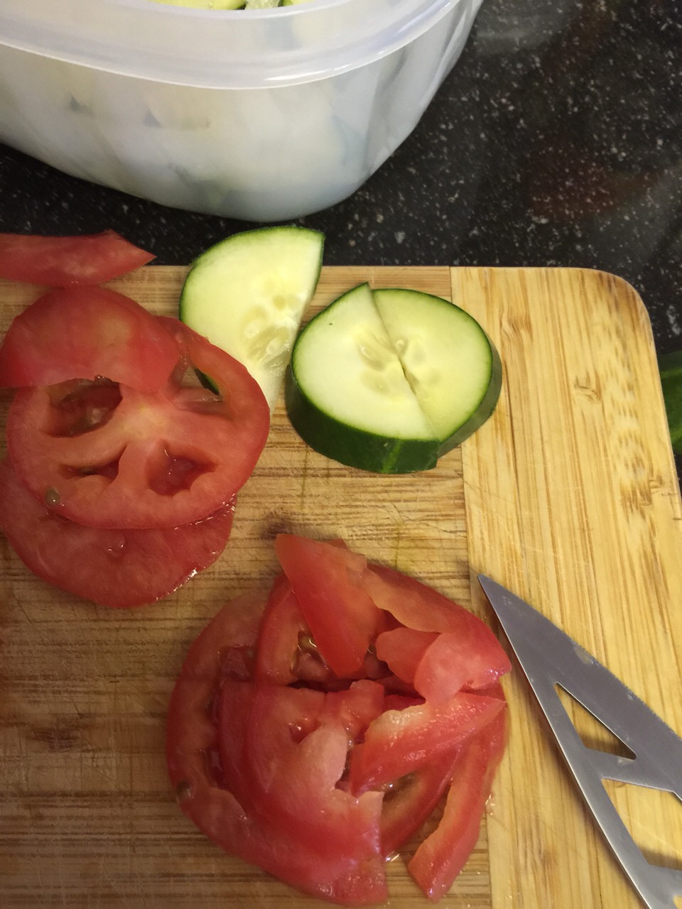 I grabbed 2 large Roma tomatoes. Sliced fairly thin, then cut in quarters.