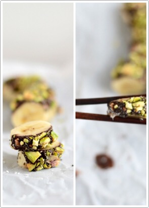 4. Let the chocolate harden for a couple of minutes, On hot summer days, put them in the freezer for a few minutes. 
5. Cut them into bite-sized sushi pieces with a sharp knife. You can either eat the banana sushi right away or freeze it for an hour and two and enjoy it as easy vegan ice cream bites