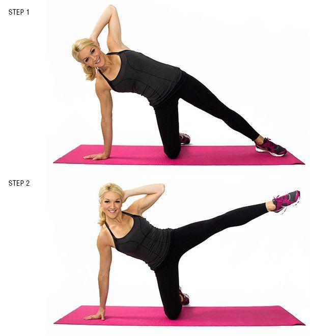 Kneeling Side Crunch: Looking for a way to target those obliques? Then this is the perfect exercise for you! Keep your core engaged as you lift your leg to keep yourself stable, and crunch toward your outstretched toes.
Beginner: 3 sets of 12 per side
Advanced: 3 sets of 15 per side