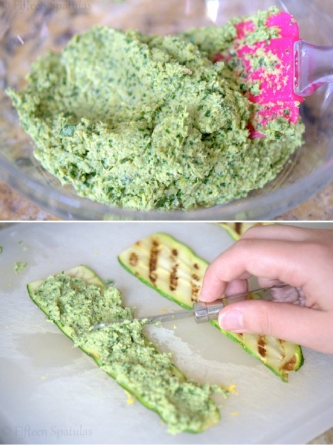 Mix all ingredients until smooth and spread on grilled zucchini like so! π