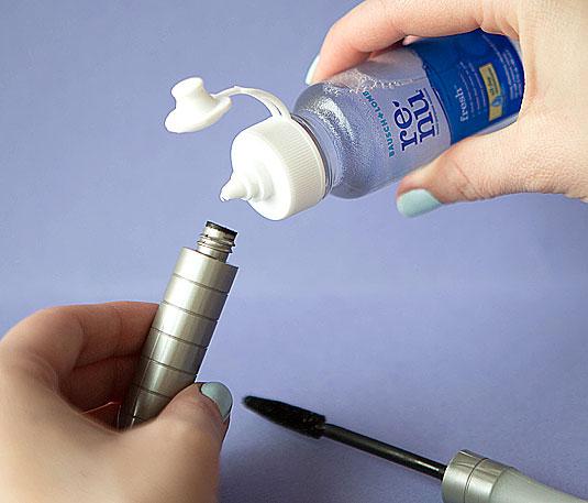 11. Add a few drops of saline solution to a mascara tube to re-wet flaky formula. If your mascara hasn't reached its three-month expiration date but it's getting a little flaky, revive it with a couple drops of saline solution for a smoother, ***flawless application.