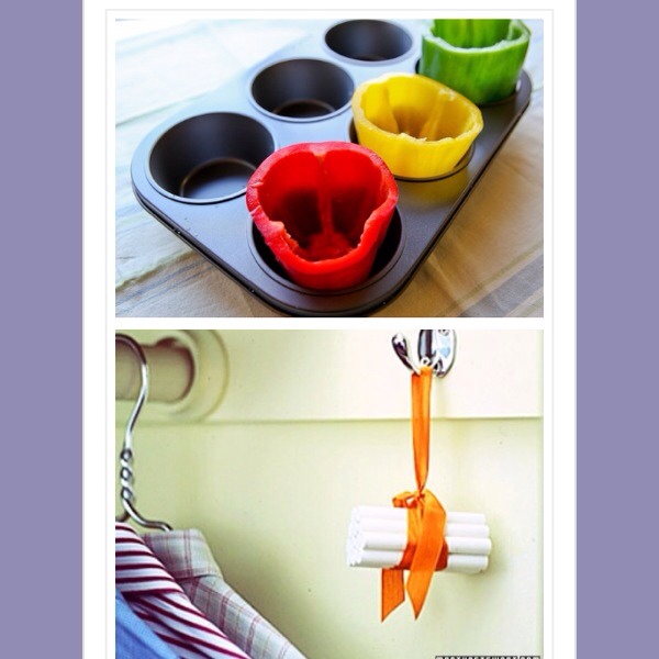 27. Use a large muffin tin to cook stuffed peppers in the oven, it keeps them upright. 28. Hang a bundle of chalk in the closet to keep everything fresh and dry