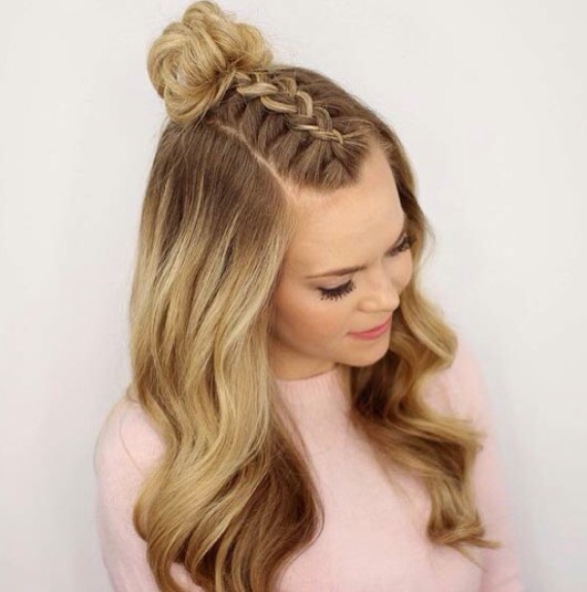 the half-up messy bun with braid
last but not least, this hairstyle is super cute but pretty easy. just do some sort of braid on the top of your head, then twist or pull together to make a mini messy bun. elegant but cute. 
