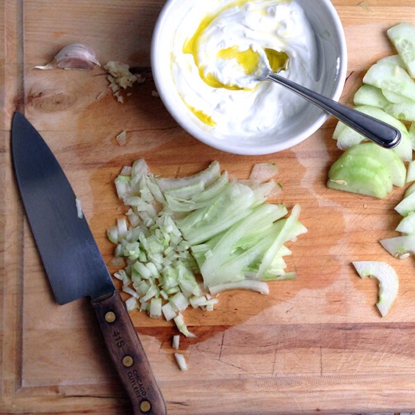Tzatziki Prep

Cucumber and yogurt is a classic combo and works great as an easy snack. To make a quick tzatziki, simply add the following to one cup of Greek yogurt: 1 clove minced garlic, 1/2 cup deseeded and minced cucumber, 1 tablespoon fresh squeezed lemon, 1/4 teaspoon fresh ground pepper, 