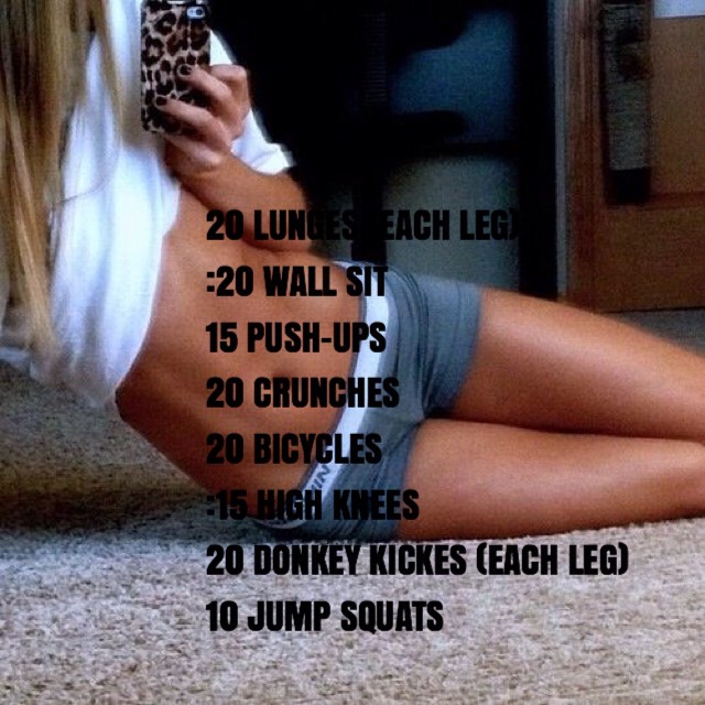 20 lunges each leg/20 second wall sit/15 push-ups/20 crunches/20 bicycles/15 second high knees/20 donkey kicks (each leg) 10 jump squats 
