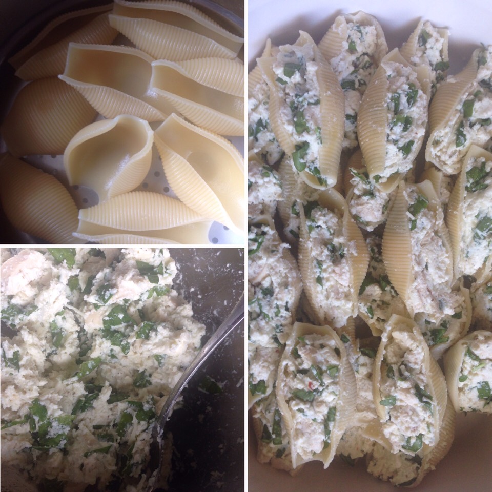 Cook the jumbo shells to desired firmness, stuffed them with however much you would like. Don't forget to spray nonstick spray in dish beforehand!