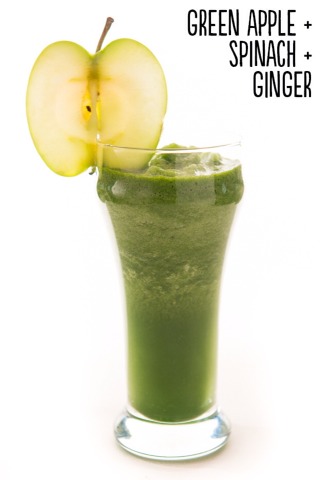 How to: Place 1 green apple (with skin, cored, and cut into chunks), ½ cup frozen spinach, ½-inch piece peeled, fresh ginger (cut into small pieces), and ½ cup water into a blender. Blend until smooth. Serves 1.

Extras: Blend in ½ of an avocado or fresh lime juice.