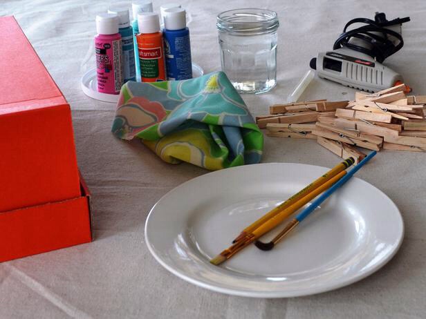 For this you will need
-hot glue(or any glue you trust)
-paint(of your choice)
-a shoe box
-a piece of fabric(with a pattern)
-pegs
-paint brushes 
-water ☺️