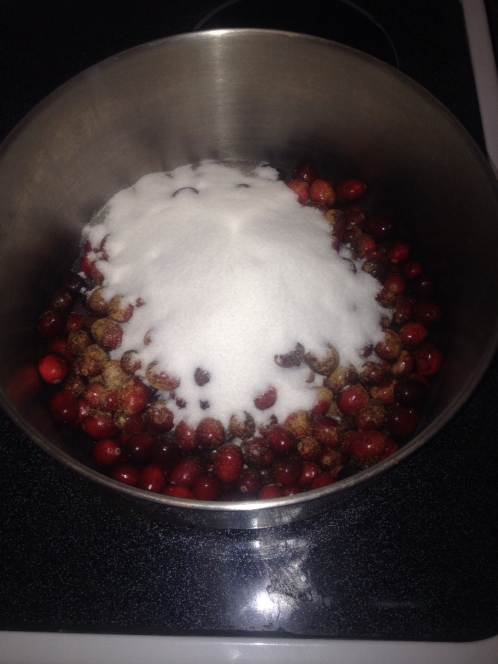 Add 1-1 1/2 cups of sugar for every bag of cranberries you are cooking