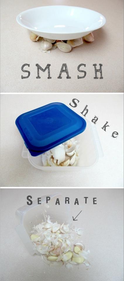 7. Peeling Garlic The Easy Way
Smash, shake, and separate! It can be also done with two ceramic bowls placed on top of each other (rim to rim) to create a dome for the garlic. The hard surface might work more efficiently than tupperware at breaking apart the garlic.