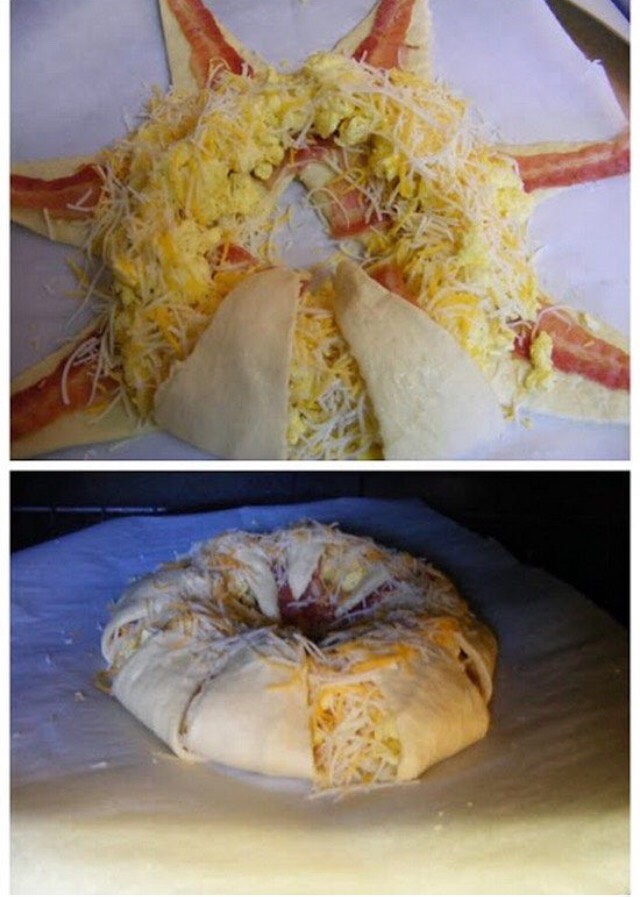 Add your eggs and a third more of your cheese and fold crescents over. Add the rest of your cheese to the top and bake for 17 minutes or until crescents are done and golden brown.