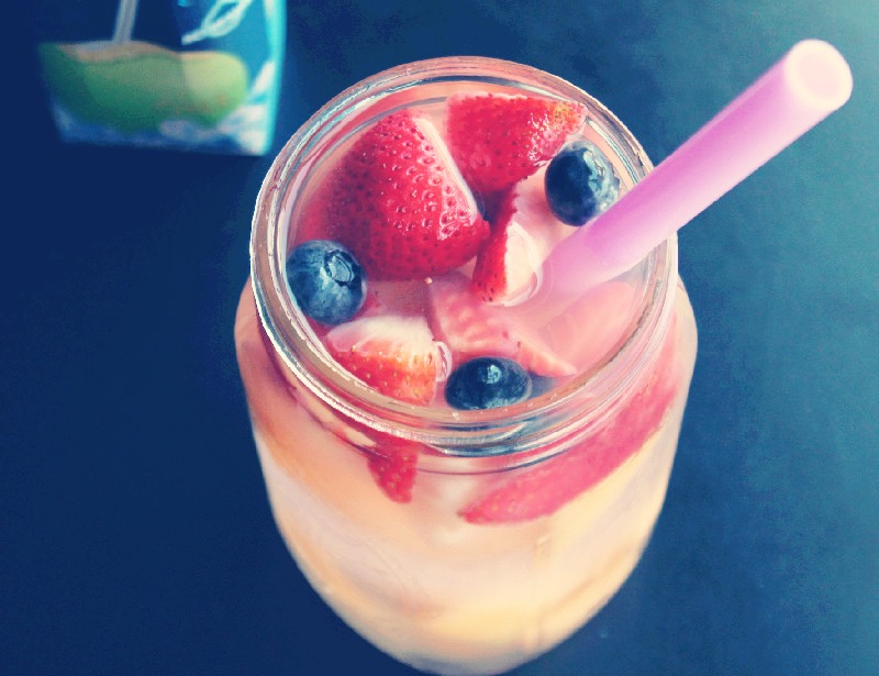 🍁Coconut berry Water🍁
1 cup coconut milk
1 cup raspberries cut in half
1 cup strawberries cut in half 
1 cup blue berries cut in half 