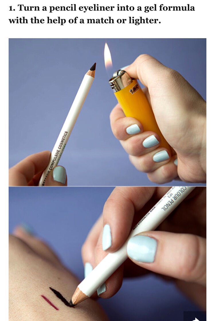 Hold your eye pencil under the flame for one second, let it cool for 15 seconds, and then watch the consistency change right before your eyes. Finally, glide on your newly made gel liner for an instantly smudgier formula.