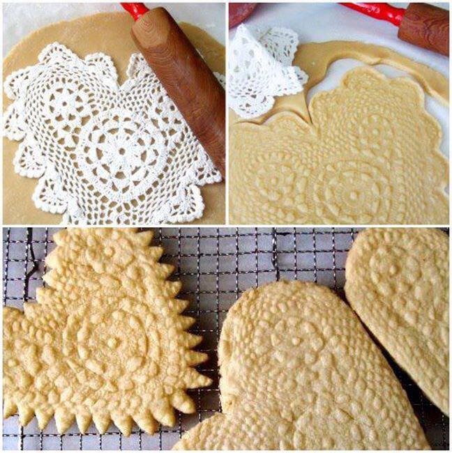 Use a thick doily to make lace patterns on valentines cookies
