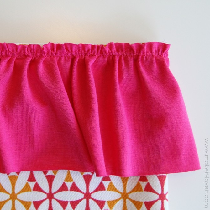 Then sew these ruffles to the top edge of the fabric, using a 1/2 inch seam allowance again.
