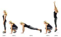 Burpees: This is one of the most challenging exercises, because it wipes you out after only a couple reps! Hang in there, though – the benefits are worth it! 
Beginner: 3 sets of 10 (without the push up – see below)
Advanced: 3 sets of 15 (for an added challenge, add a push up when you have jumped